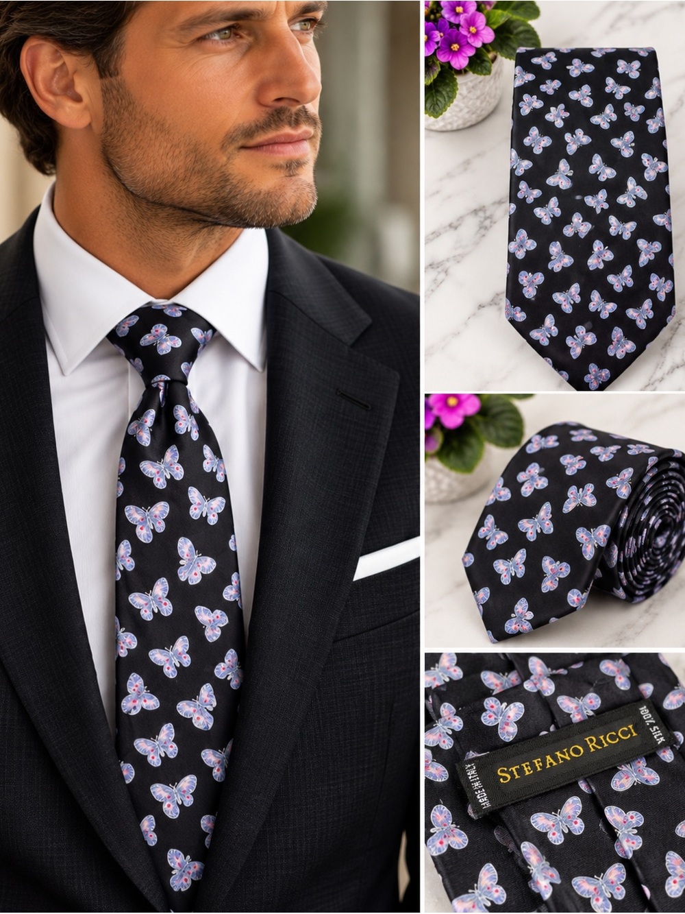 STEFANO RICCI - 100% Silk Black Neck Tie with Pink & Lavender Butterfly Print
